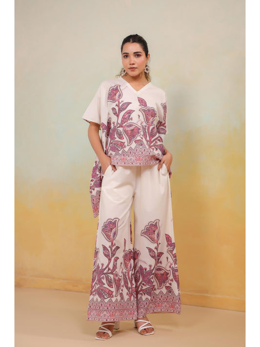 Womens White Floral Stylish &amp; Comfortable Co-Ord Set