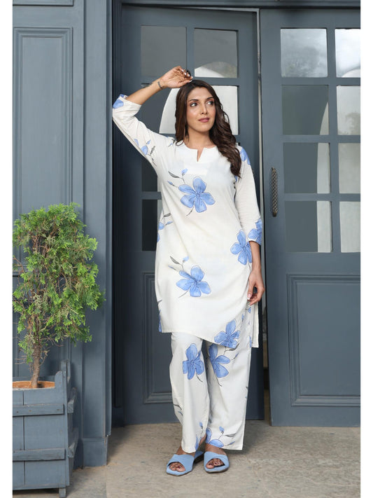 Womens White Printed Stylish &amp; Comfortable Co-Ord Set