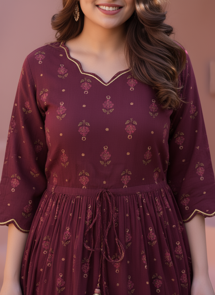 Viscose Floral Anarkali Wine Dress