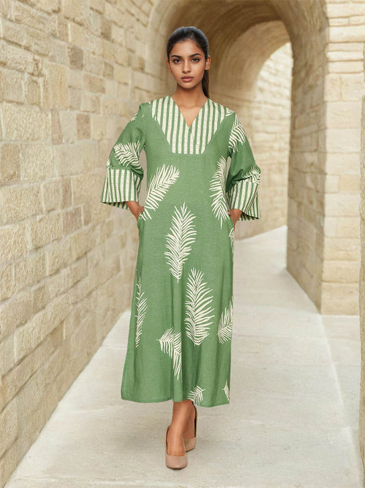Dora Dori Tropical Print Flared Sleeve A-Line Midi Dress