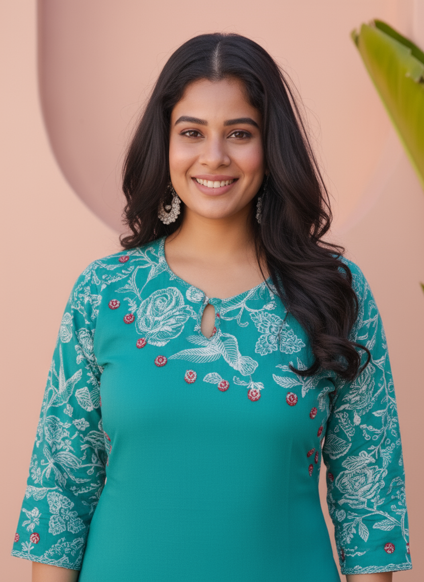 Viscose Floral Straight Teal Kurta