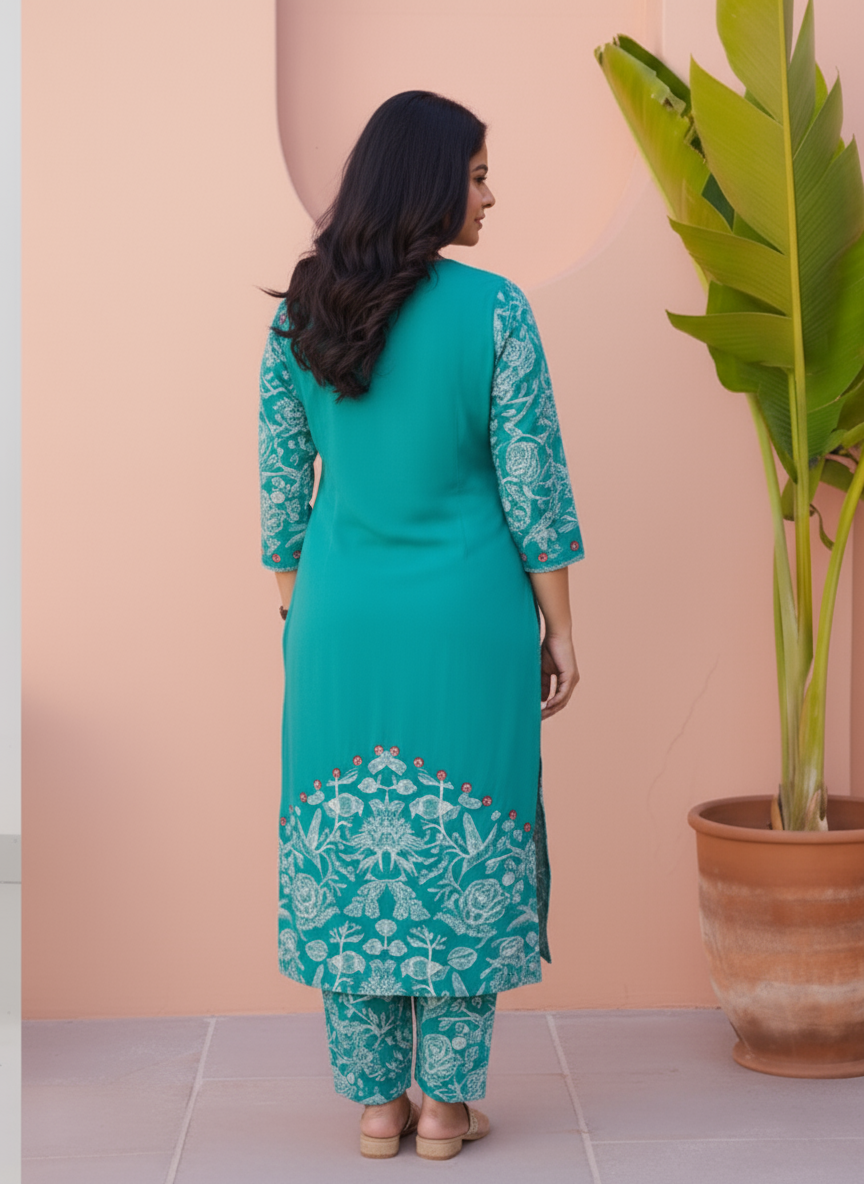 Viscose Floral Straight Teal Kurta