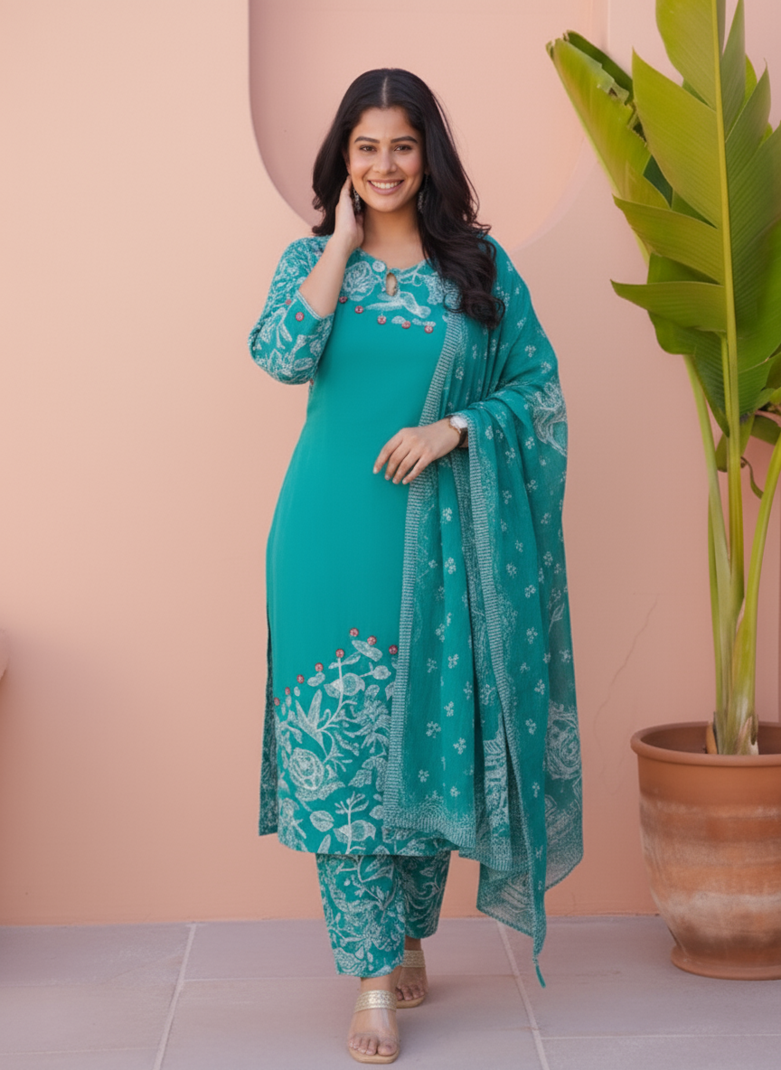 Viscose Floral Straight Teal Kurta