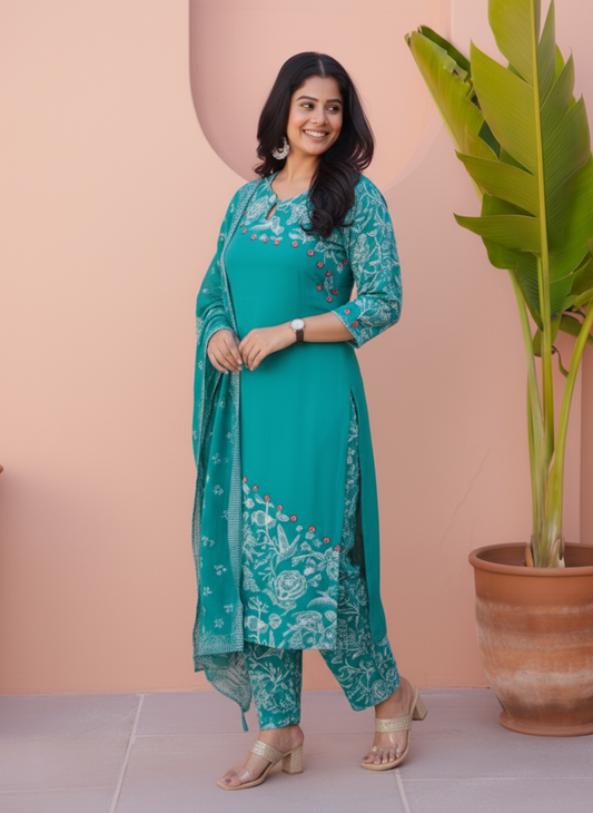 Viscose Floral Straight Teal Kurta