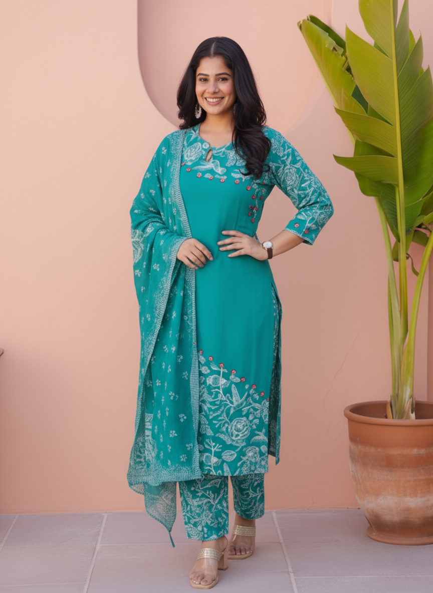 Viscose Floral Straight Teal Kurta