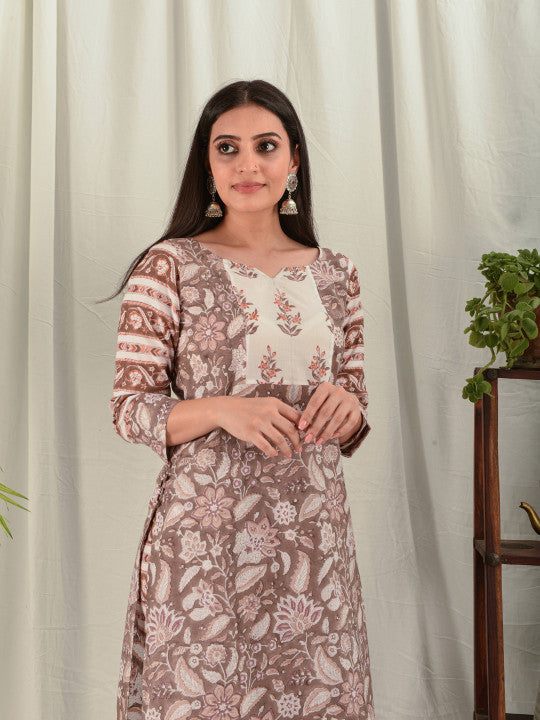 House of Dhaaga Women Brown Floral Block Print Kurta
