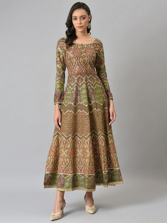 W Red & Green Ethnic Motifs Chiffon Ethnic Maxi Dress