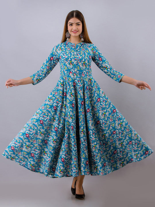 Floral Printed Pure Cotton Fit and Flare Ethnic Dress