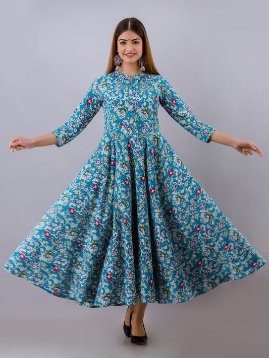 Floral Printed Pure Cotton Fit and Flare Ethnic Dress