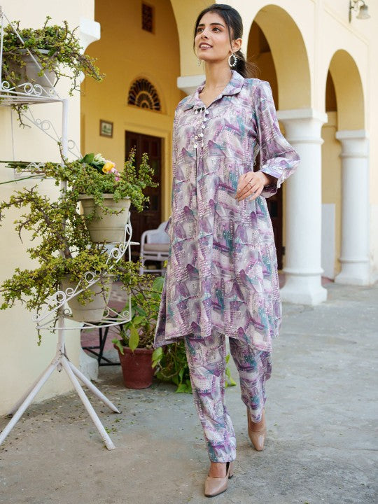 VAASVA JAIPUR Floral Printed Shirt Collar Muslin Tunic With Trouser