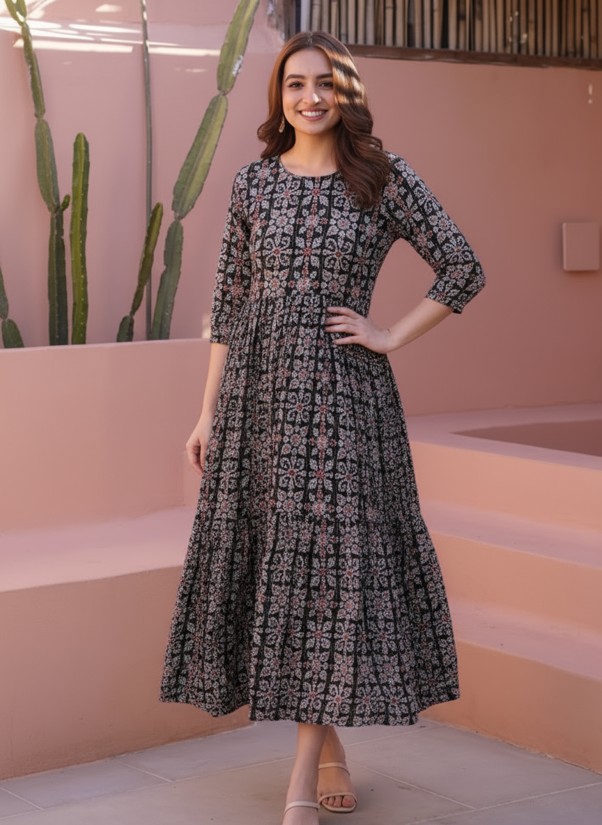 Viscose Floral Anarkali Maroon Dress