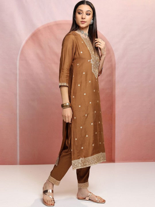 Vishudh Brown Floral Woven Design Pure Cotton Straight Kurta with Trousers & Dupatta