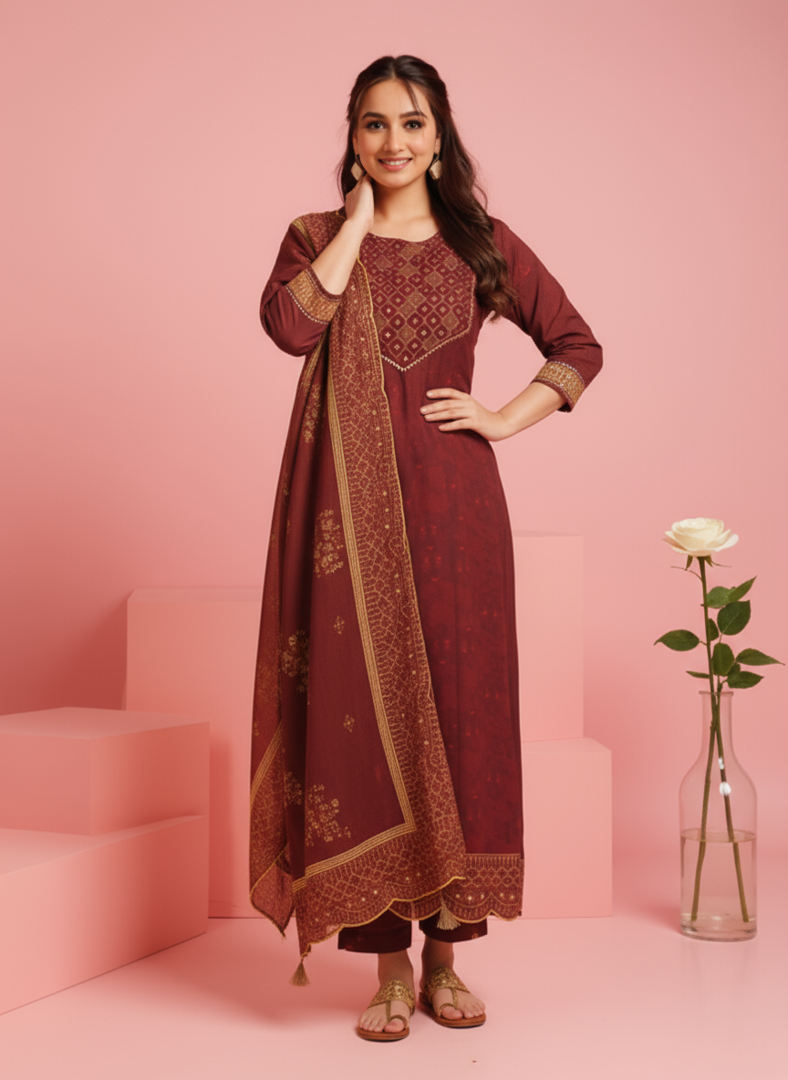 Viscose Floral Anarkali Maroon Kurta