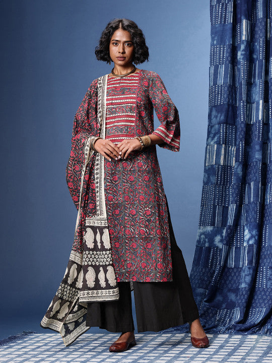 Taavi Bagru Indie Floral Printed Kurta with Palazzos & Dupatta