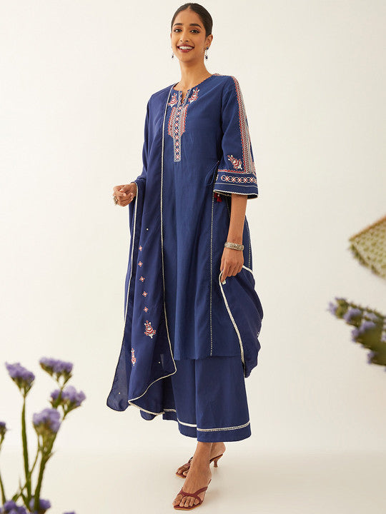 Taneira Ethnic Motifs Sequinned Embroidered Regular Kurta With Palazzos & Dupatta