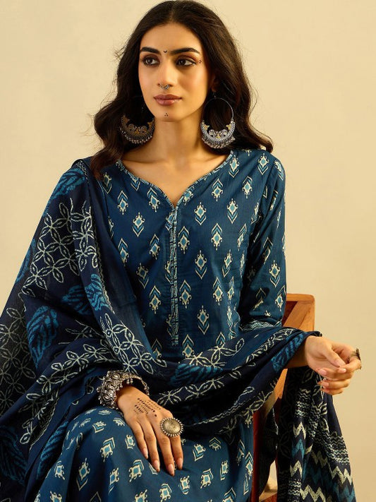 Indo Era Teal blue Ethnic Motifs Printed Pure Cotton Kurta with Trouser & Dupatta