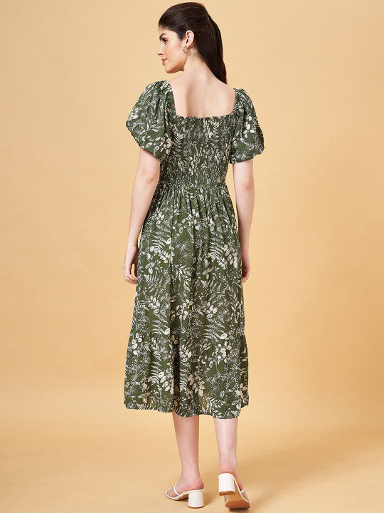 Honey by Pantaloons Floral Print Puff Sleeve A-Line Midi Dress