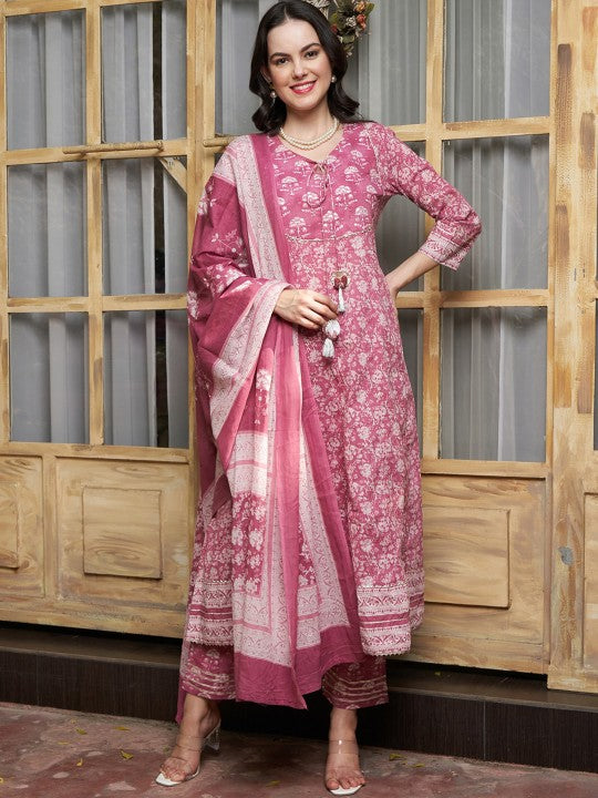 Floral Printed Sequinned Pure Cotton A-Line Kurta & Trouser With Dupatta