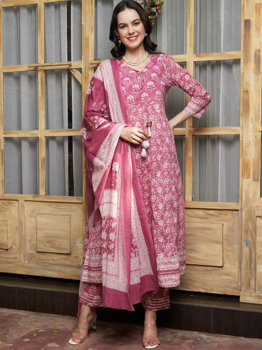 Floral Printed Sequinned Pure Cotton A-Line Kurta & Trouser With Dupatta