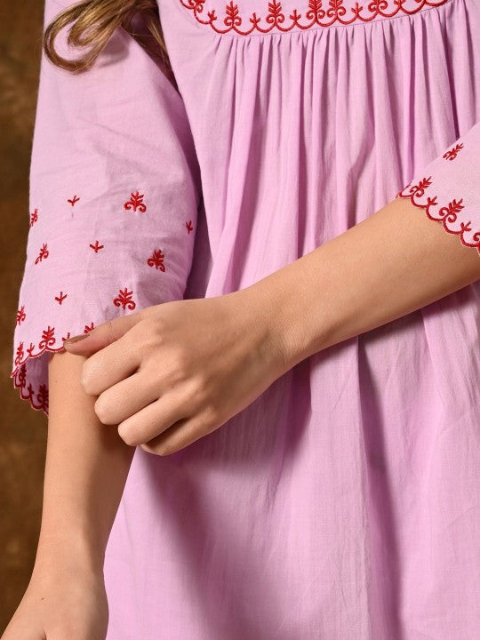 YELLOW PARROT Embroidered Round Neck Three-Quarter Sleeves Pure Cotton Top With Trouser