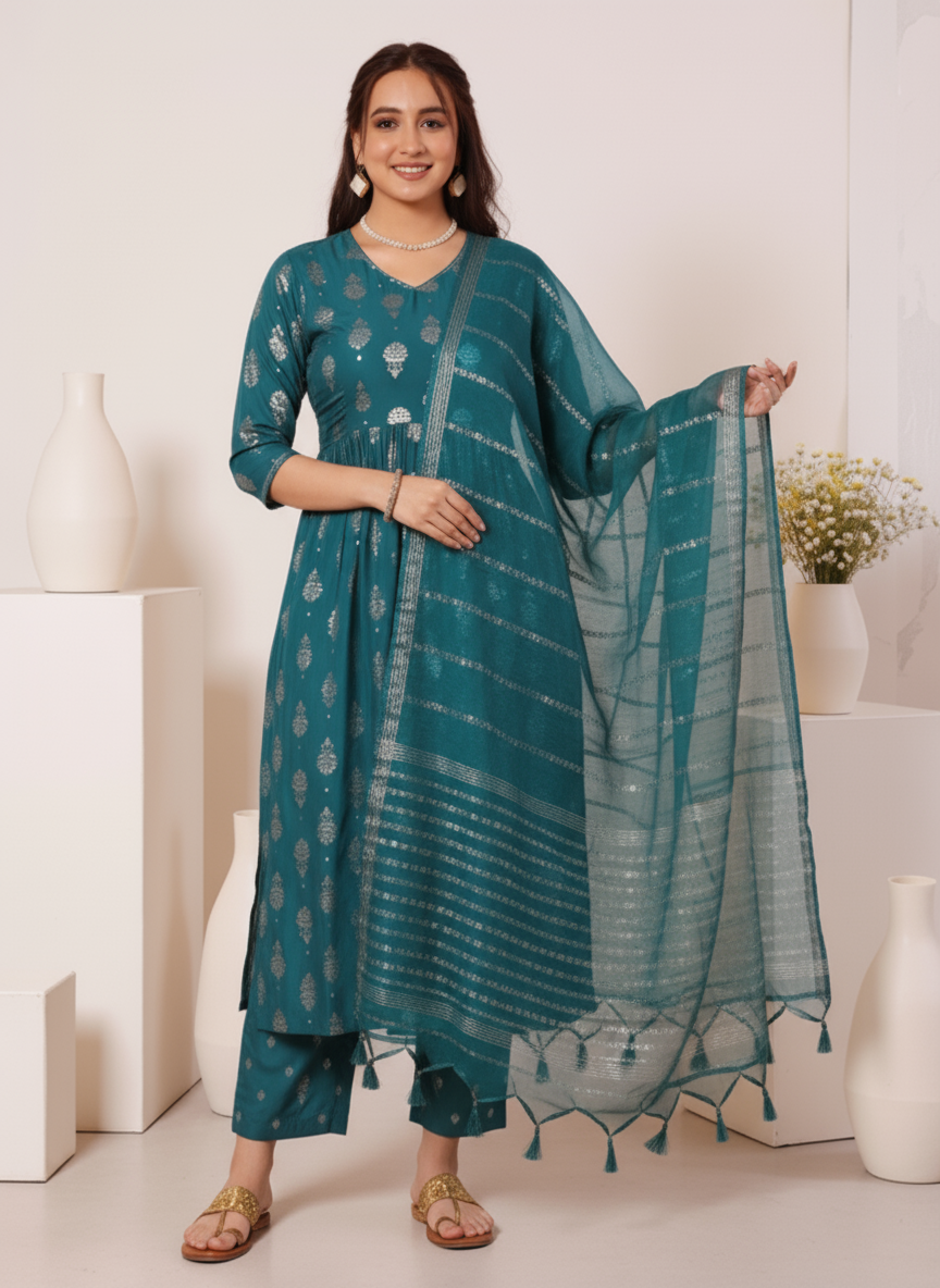Embroidered Roman silk Gold foil Flared Teal Kurta