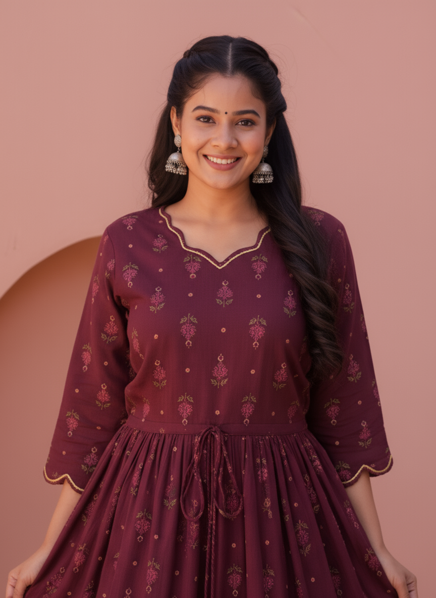 Viscose Butta Anarkali Wine Dress