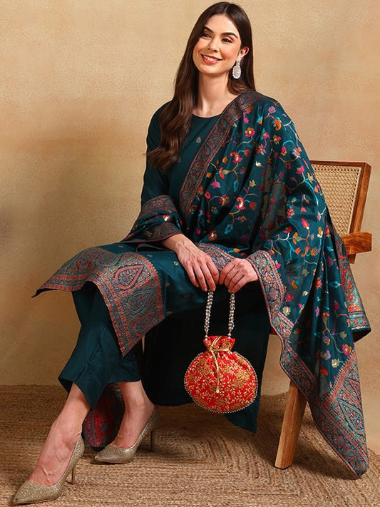 AHIKA Floral Woven Design Regular Straight Kurta