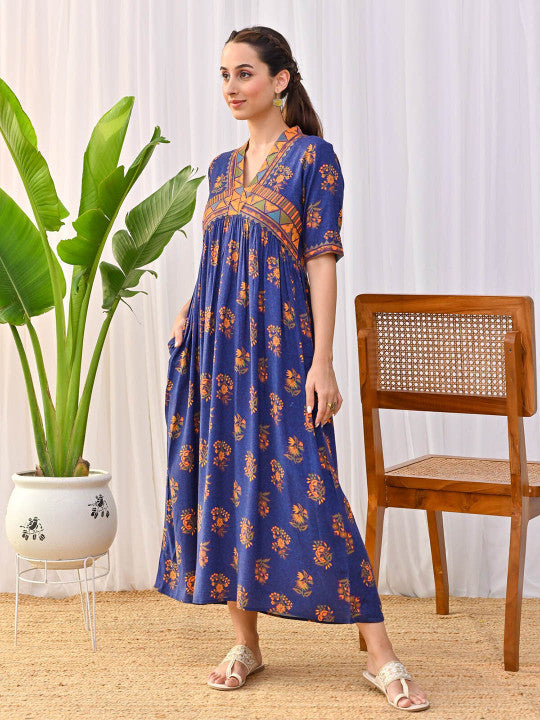 Floral Printed V-Neck Gathered A-Line Midi Ethnic Dress