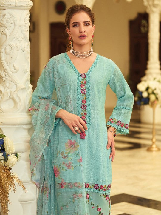 Varanga Women Floral Printed Cotton Kurta with Trousers & Dupatta
