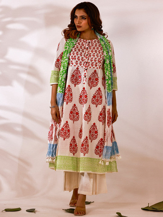 motifs block Printed Pure Cotton Kurta with Trousers & Dupatta