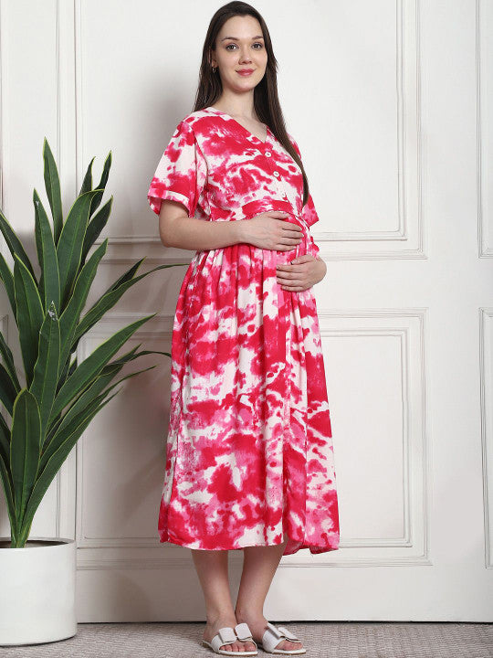 Printed Maternity A-Line Midi Dress