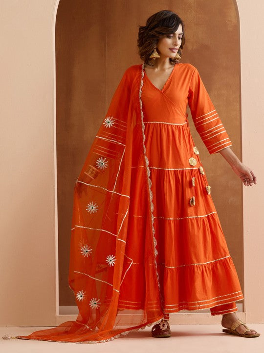 Ishin Gotta Patti Pure Cotton V-Neck Anarkali Kurta With Palazzos And Dupatta