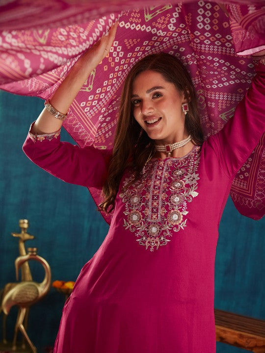 Floral Yoke Design Beads and Stones Pure Silk Kurta