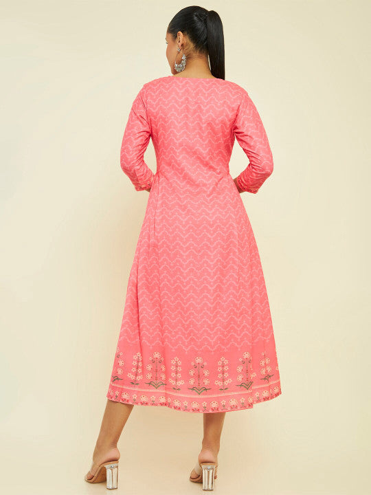 Neck Ethnic Motifs Printed Cotton Fit and Flare Ethnic Dress