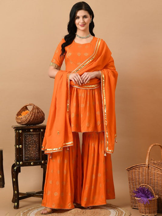 ETISHA Ethnic Motifs Printed Embellished Zari Anarkali Kurta With Sharara &  Dupatta