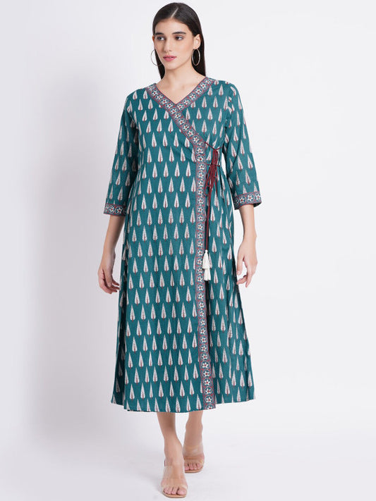 SUTI Ethnic Motifs Printed Sequinned Angrakha Cotton Ethnic Dress