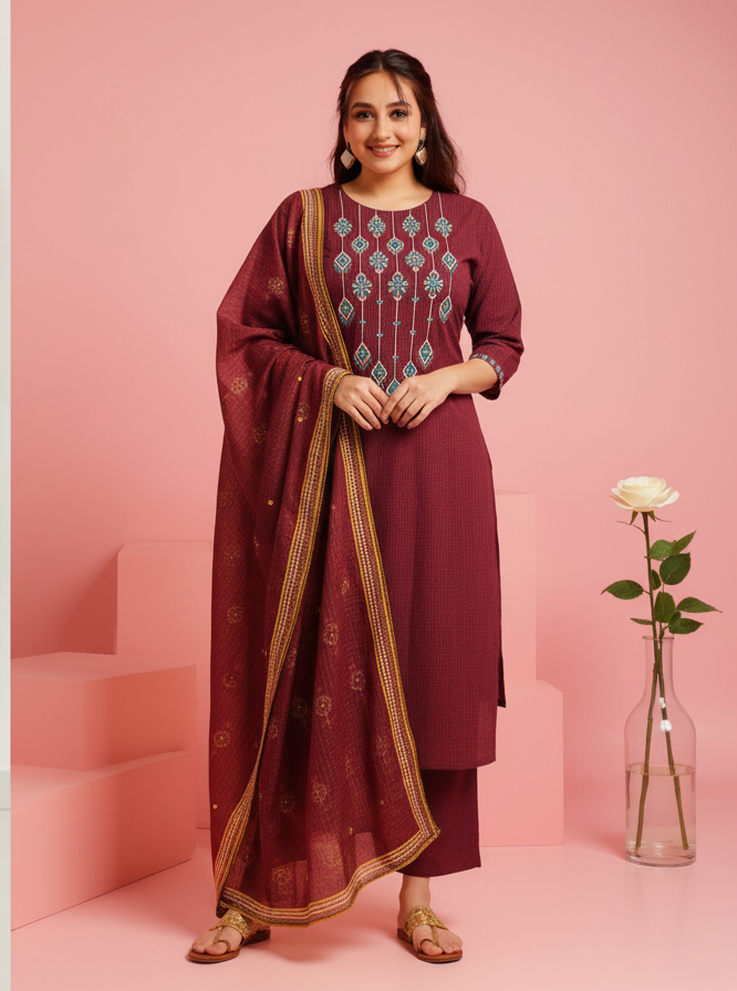 Embroidered Viscose Checked Straight Maroon Kurta