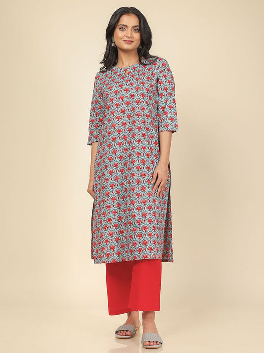 Soft Cotton Floral Straight Red Kurta