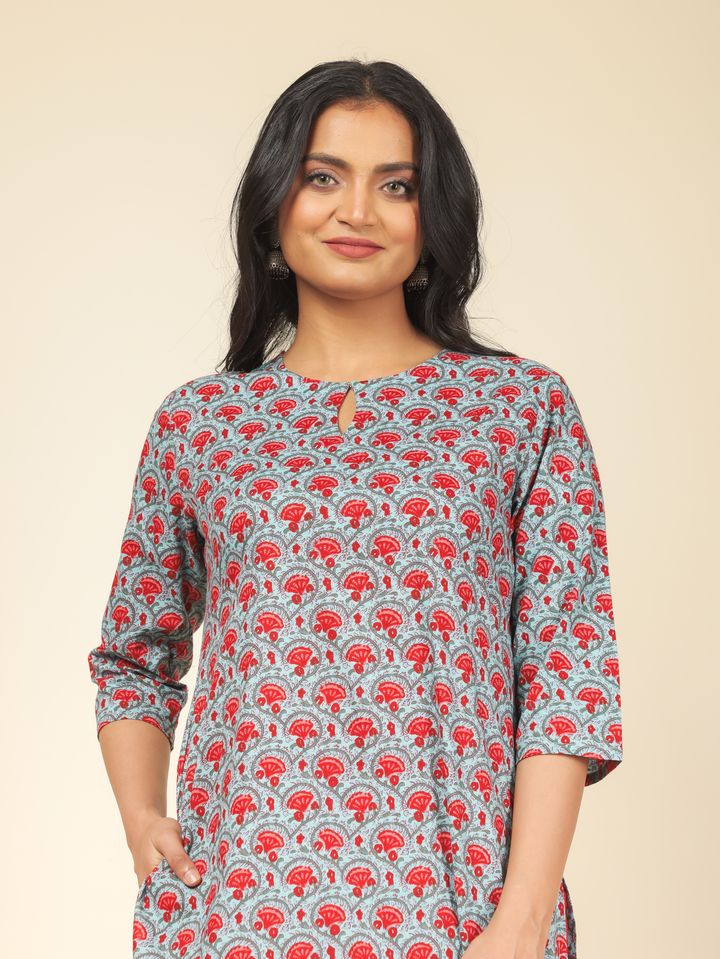 Soft Cotton Floral Straight Red Kurta
