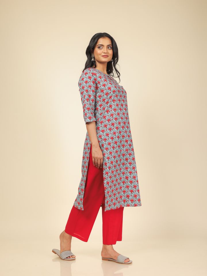 Soft Cotton Floral Straight Red Kurta