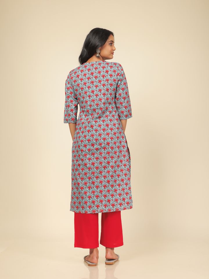 Soft Cotton Floral Straight Red Kurta