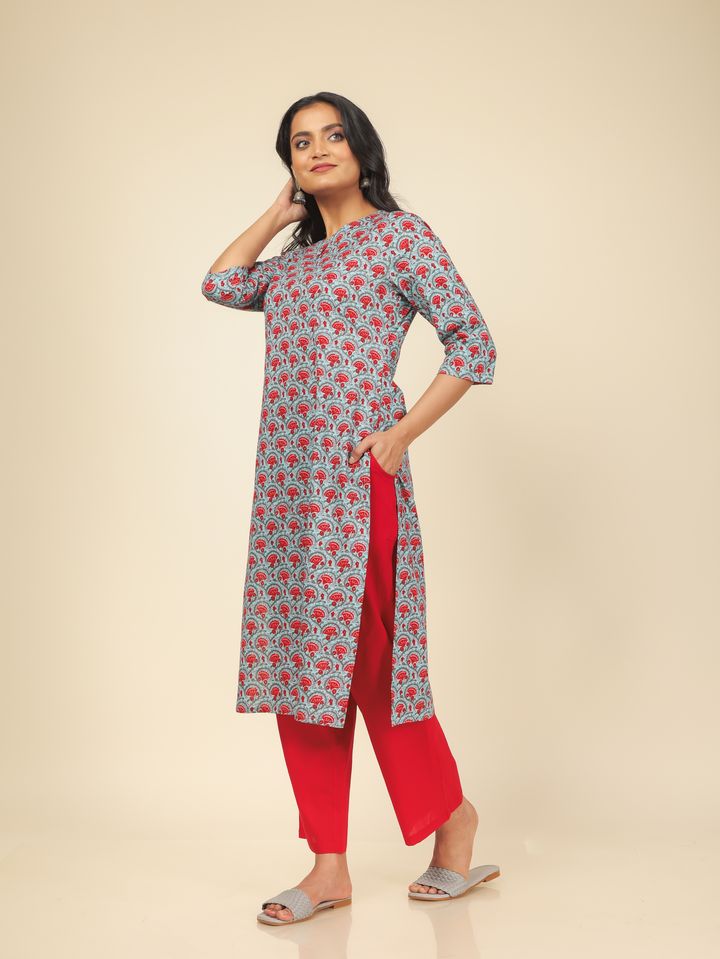 Soft Cotton Floral Straight Red Kurta