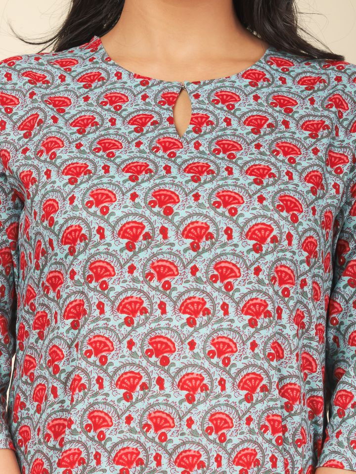 Soft Cotton Floral Straight Red Kurta