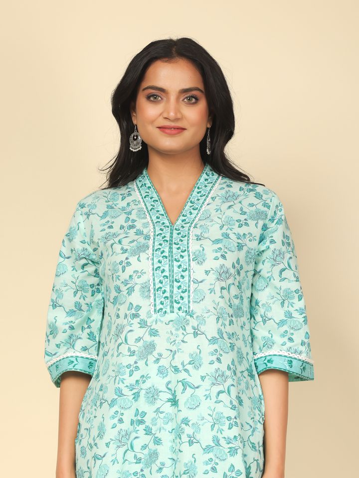 Soft Cotton Floral Straight Turquoise Kurta