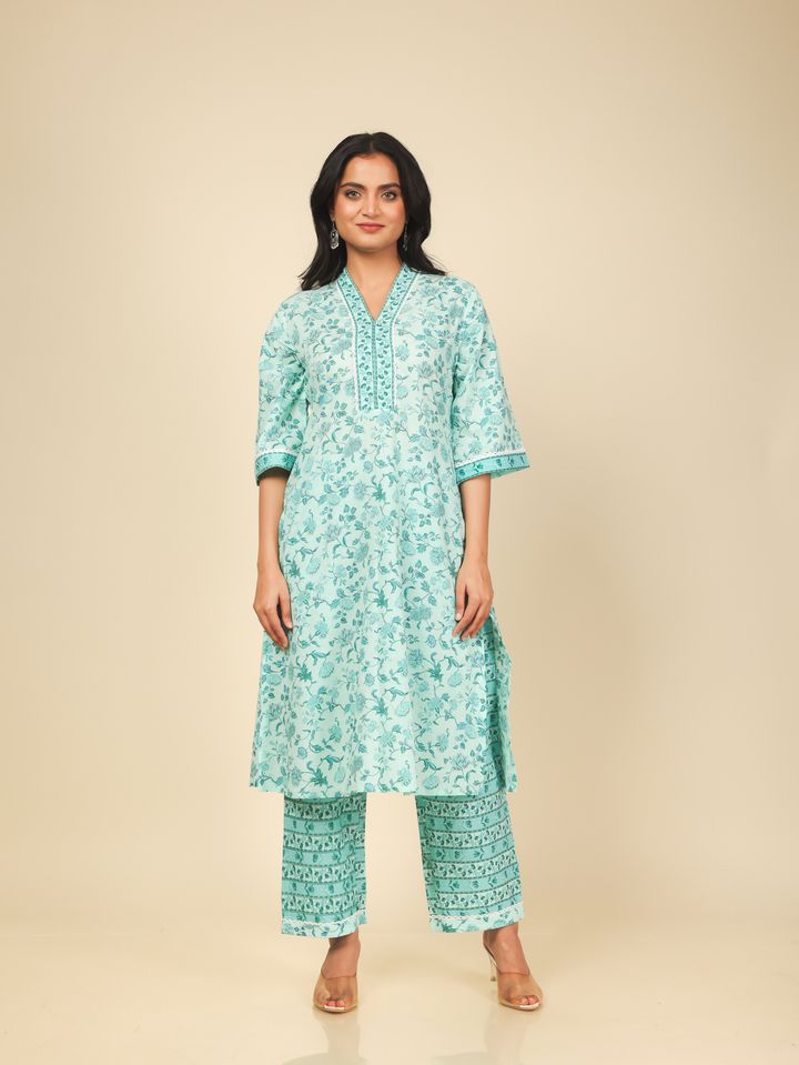 Soft Cotton Floral Straight Turquoise Kurta