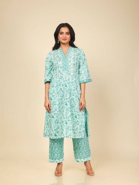 Soft Cotton Floral Straight Turquoise Kurta