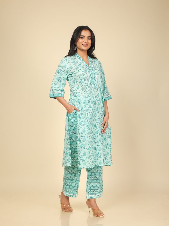 Soft Cotton Floral Straight Turquoise Kurta