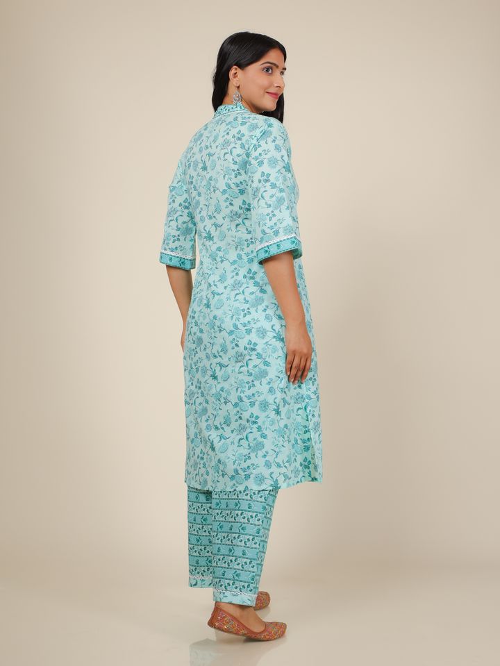 Soft Cotton Floral Straight Turquoise Kurta