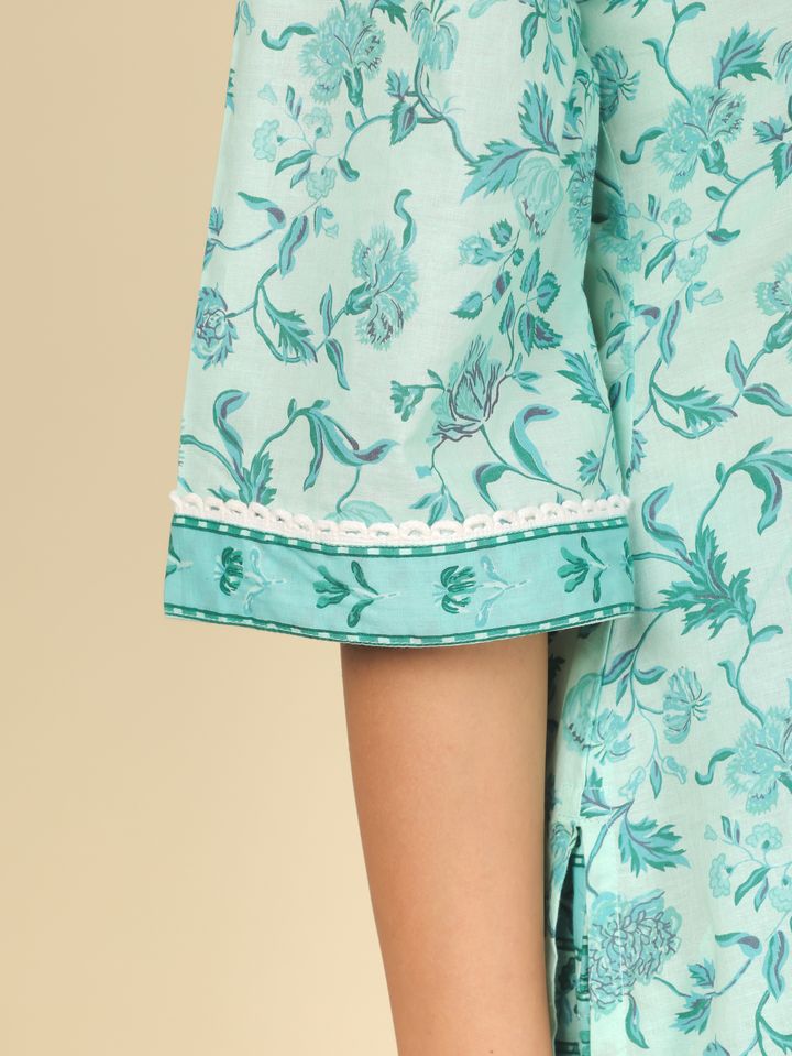 Soft Cotton Floral Straight Turquoise Kurta