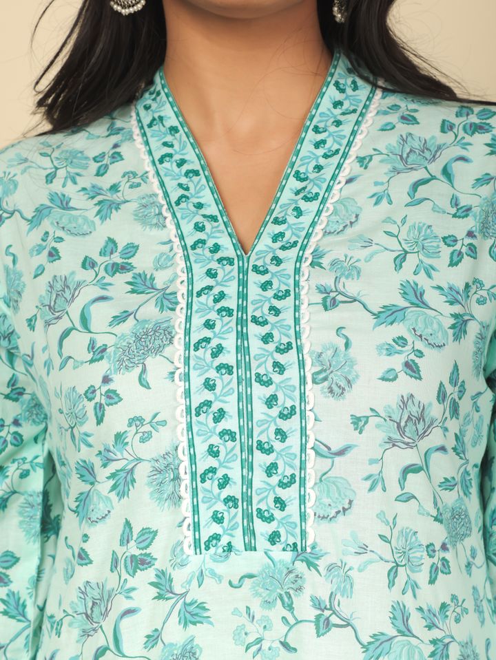 Soft Cotton Floral Straight Turquoise Kurta